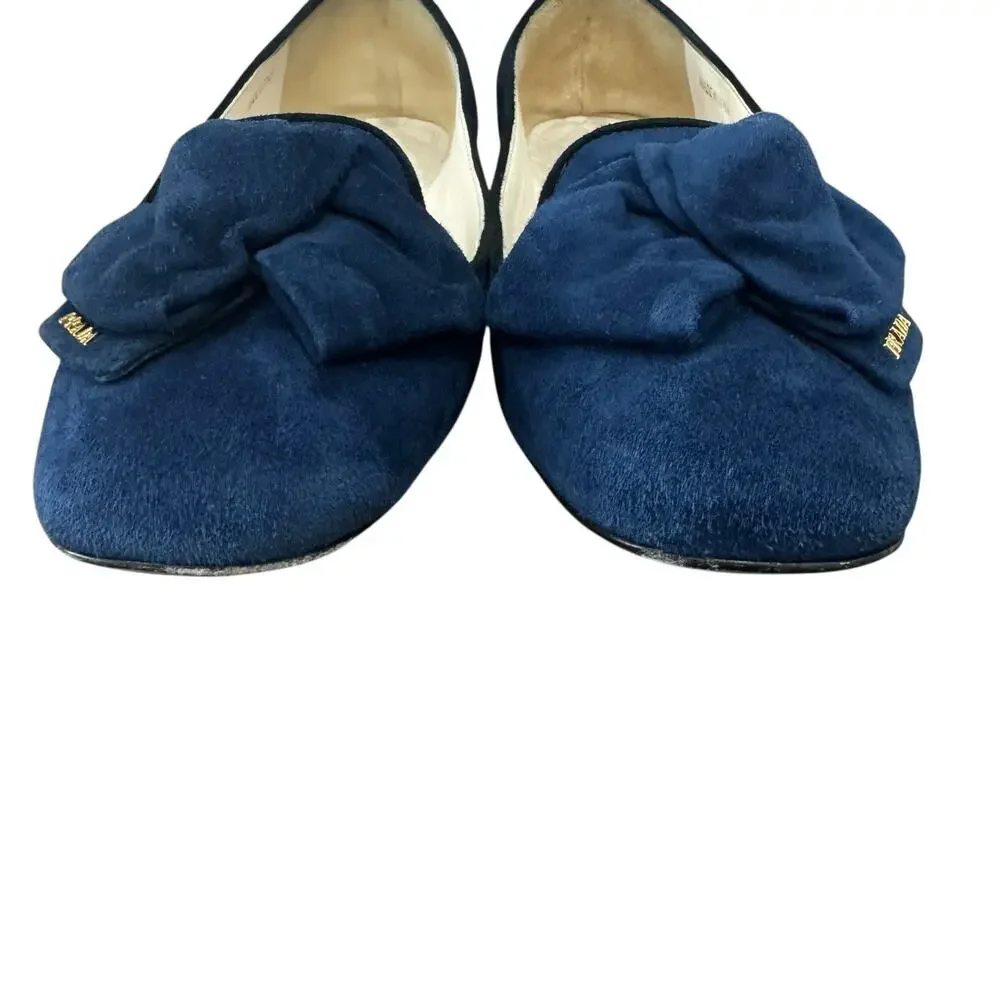 Prada Navy Suede Bow Flats Size 38 EU 8 US Quilted Leather Interior Box Dust Bag